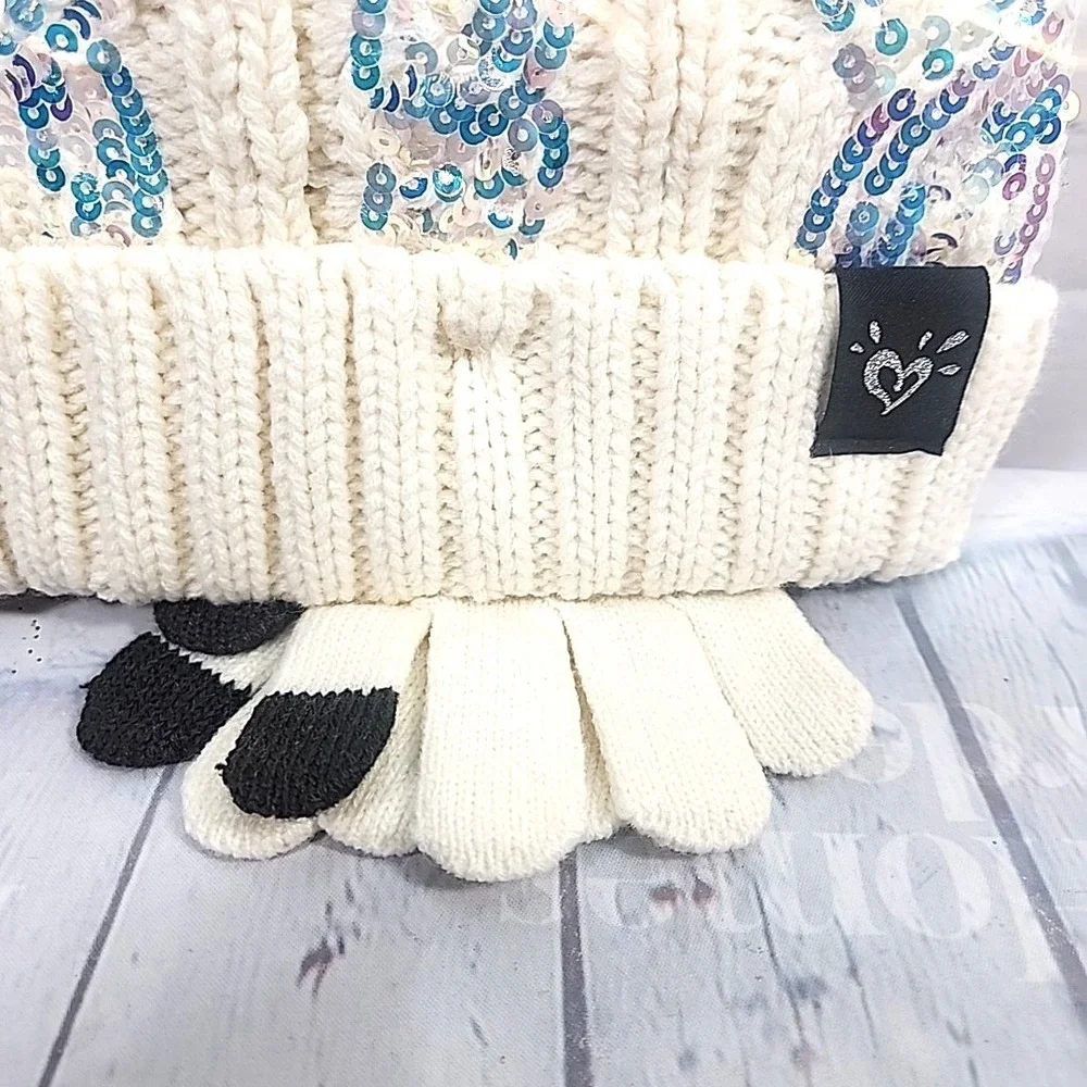 Justice Girls WHITE CBL Knit Sequin Beanie w/faux fur & Gloves 2-Piece Set NWT